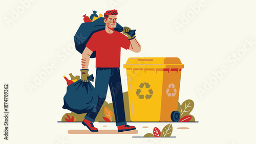 Man carrying garbage bags to recycling bin.