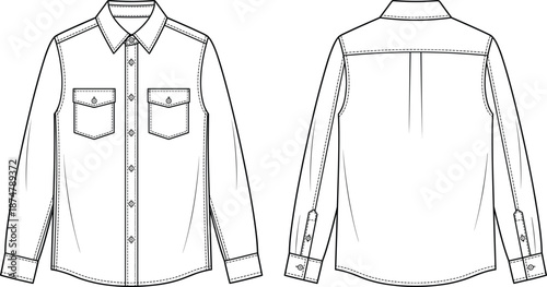 Men long sleeve utility shirt technical fashion illustration, front and back view, double chest pocket button down flat vector design