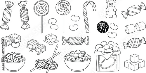 Set of hand drawn sketch of assorted sweets candies lollipops and chocolate dessert illustration