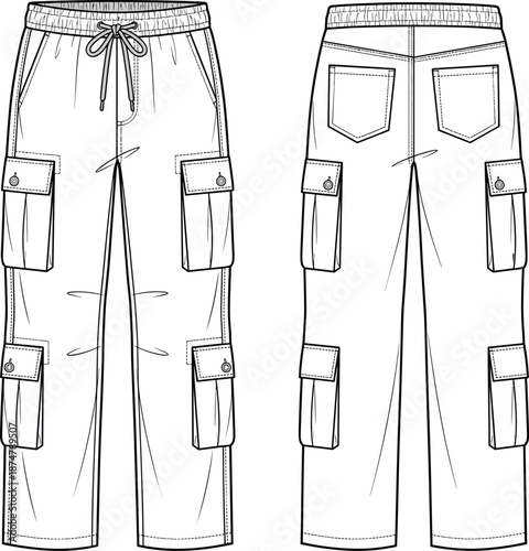 Men cargo jogger pants fashion technical flat sketch front and back view streetwear utility trousers apparel illustration modern casual design