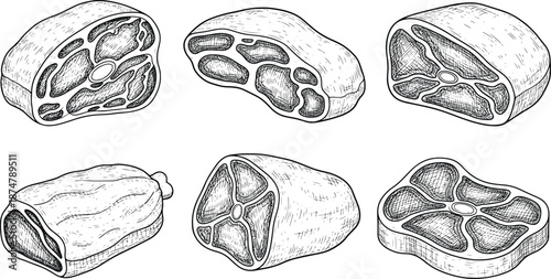 Set of hand drawn sketch of raw meat beef steak and ham food illustration