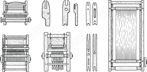 Set of hand drawn sketch of wooden weaving looms shuttles and textile tools illustration