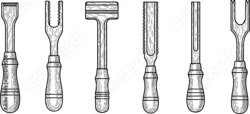 Set of hand drawn sketch of wood carving chisels and carpentry tools illustration