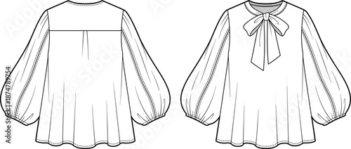 Girls dress illustration, front and back view, long puff sleeves, bow neckline, fashion technical drawing, vector outline template, apparel design