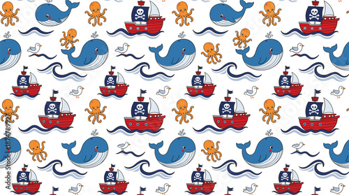 Cute nautical cartoon pattern with whales octopus pirate ships and seagulls, seamless ocean background illustration for kids fabric design