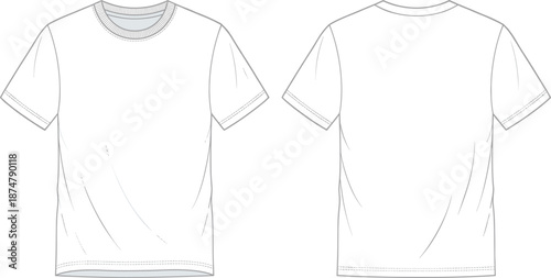 Blank t shirt technical fashion illustration front and back view, short sleeve apparel outline template for mockup, printing, merchandising design