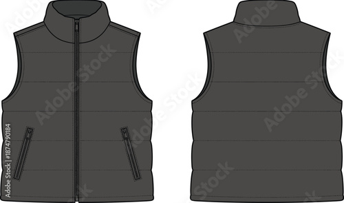 Black, padded, vest, sleeveless, jacket, front, and, back, view, vector, fashion, apparel, mockup, template, minimal, design, clothing, illustration, winter, outerwear