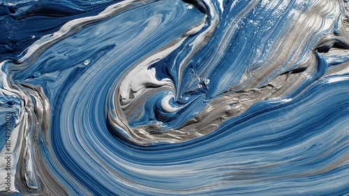 Abstract Swirling Blue and Silver Paint Art Video.