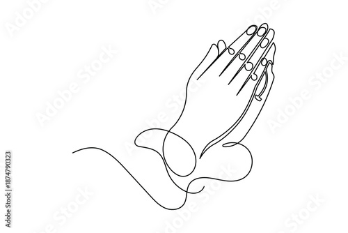Minimalist praying hands continuous line drawing simple faith outline isolated