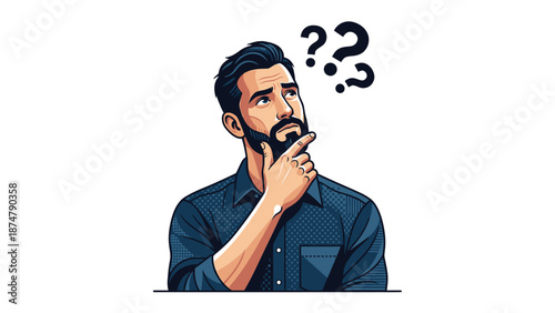 Man with beard thinking with question marks above his head.