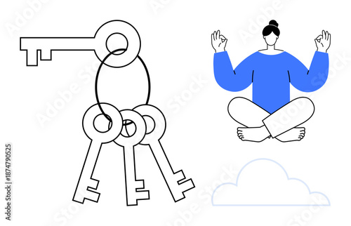 Mindfulness, self-discovery, security, freedom, personal growth, balance. A person meditating above a cloud alongside a set of keys. Mindfulness and self-discovery symbolism with security and freedom