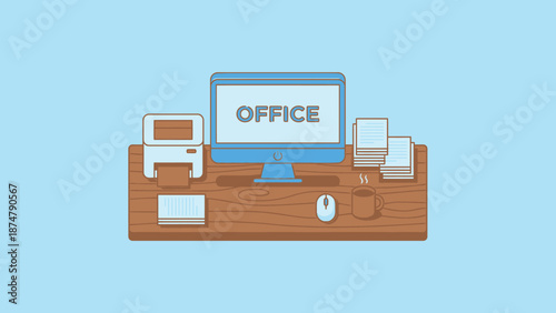 Modern Office Desk Setup with Computer and Printer.