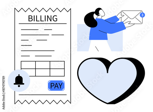 Online payments, customer support, notifications, billing management, communication, finance. Digital billing receipt, envelope with notification and a heart shape. Online payments and customer