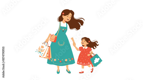 Mother and daughter happily shopping together.