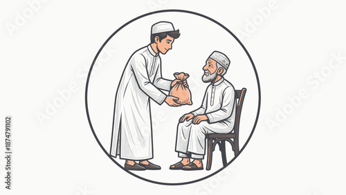 Muslim man giving charity to an elder man.