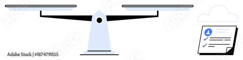 Balance scale and checklist document symbolizing fairness, judgment, equality, and evaluation. Ideal for law, decision-making, ethics, justice compliance accountability and transparency. Simple
