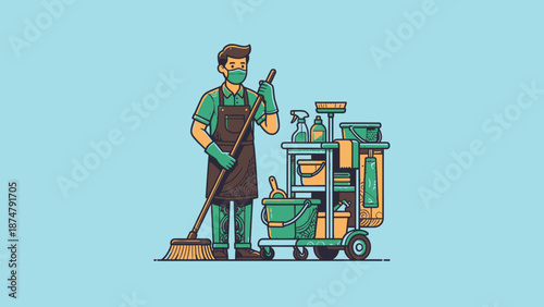 Professional cleaner with cleaning cart and supplies ready for work.