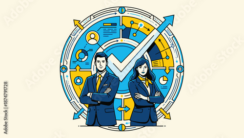 Professional Business People Standing Confidently in Front of a Success Chart.