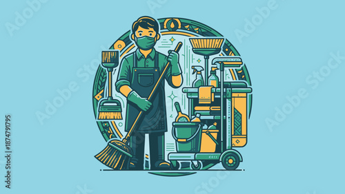 Professional cleaner with cleaning supplies and equipment.