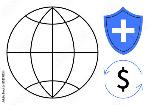 Global networking, online financial transactions, security systems, healthcare assistance, economic exchange, insurance concept. Globe with shield and dollar icon. Security systems and financial