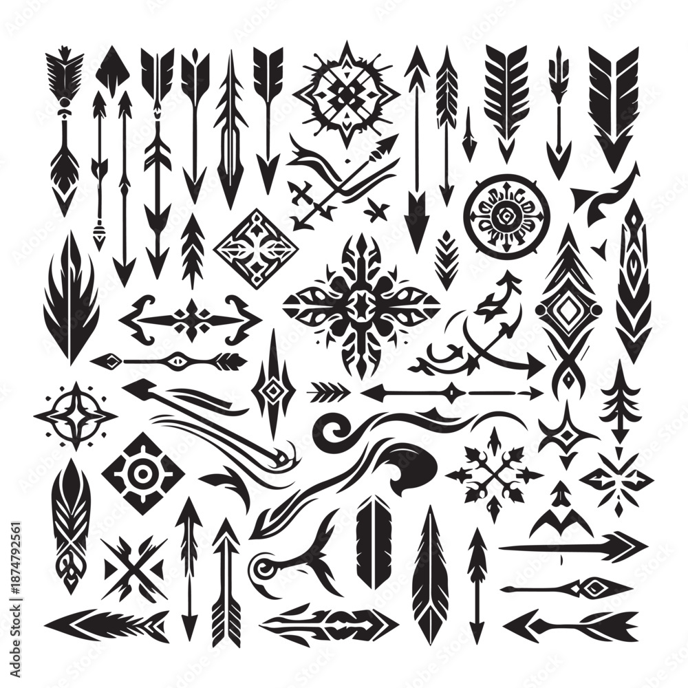 Fototapeta premium Collection of various tattoo arrows and feather designs