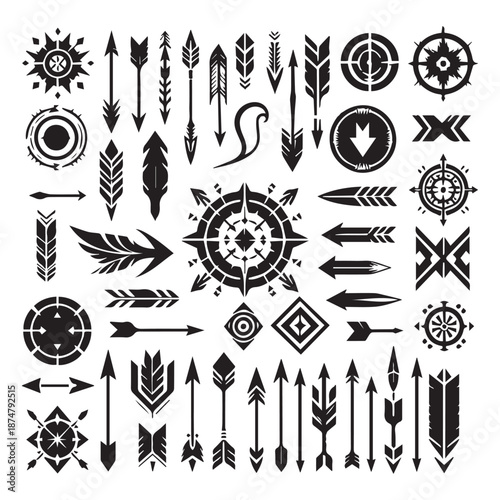 Collection of various tattoo arrows and feather designs