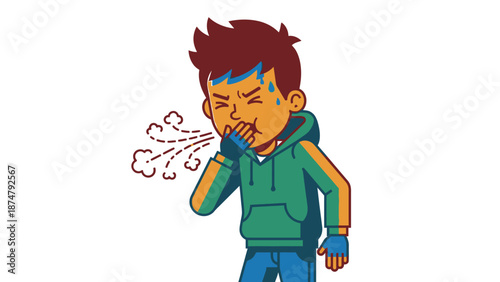 Sick Boy Coughing With Germs Spreading From Mouth.
