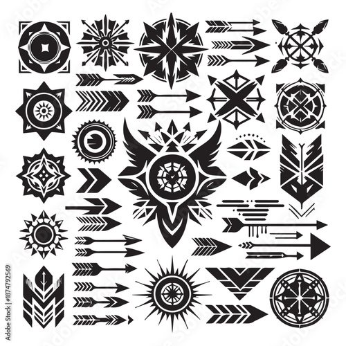 Collection of various tattoo arrows and feather designs
