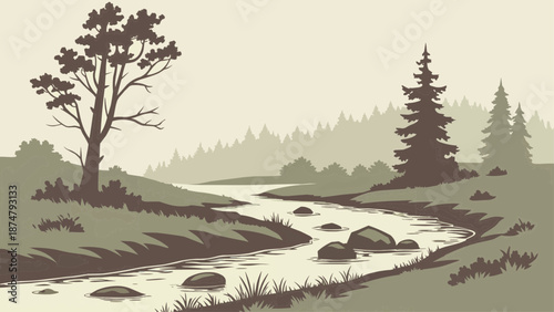 Serene river landscape with trees and rocks illustration on a light background for nature and tranquility themes

