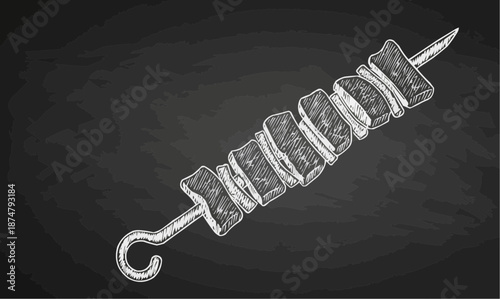 Skewered meat illustration on a black background for culinary and grilling themes