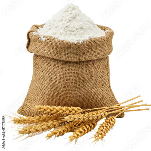 Rustic burlap sack brimming with fine white flour, mounded, with ripe golden wheat ears next to it, on a transparent background, concept of wholesome baking ingredients