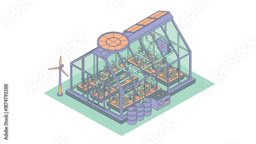 Sustainable greenhouse with renewable energy sources and vertical farming.