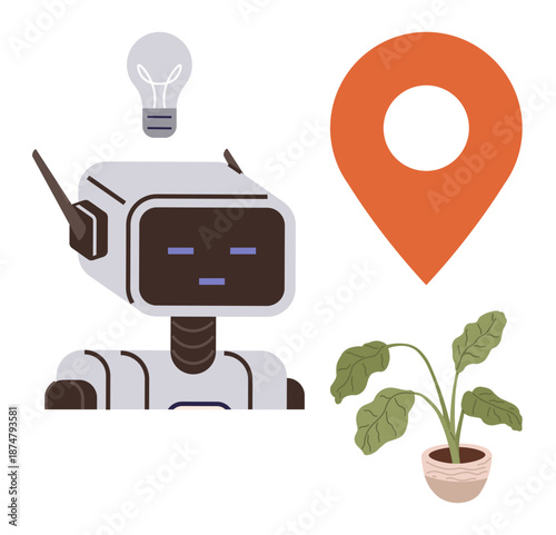 Robotics, innovation, technology, eco-friendly, location services, artificial intelligence. A robot with light bulb, location pin and potted plant visual. Robotics and innovation concept