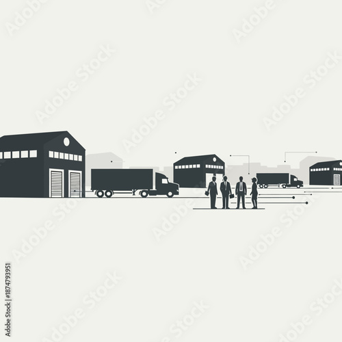 Logistics and supply chain management with warehouses and trucks.