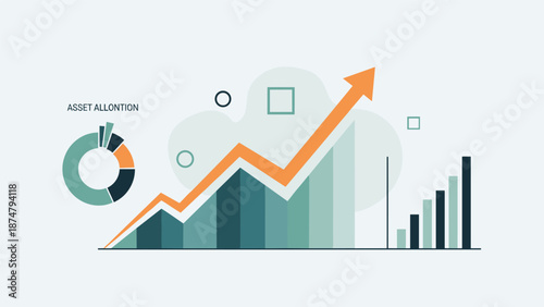 Financial growth chart with an upward trending arrow, pie chart, and bar graph, representing investment and asset allocation.