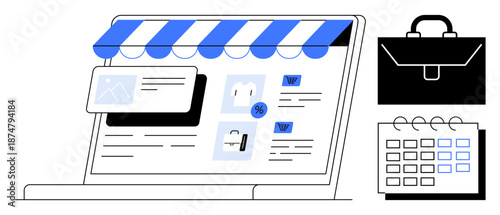 E-commerce, online retail, small business, digital marketing, scheduling, modern technology. Shopping website interface with icons. E-commerce and small business tools concept