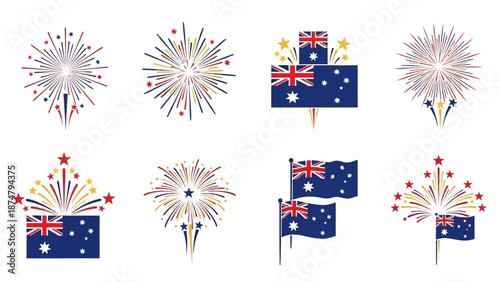 Collection of Australia Day fireworks and flags, celebrating national pride and festivities