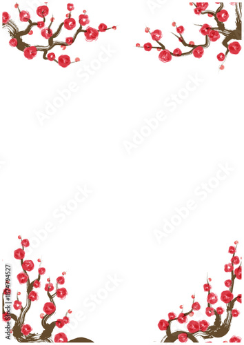 筆タッチ梅の枝花フレーム四隅装飾｜Japanese plum blossom frame, brush style
