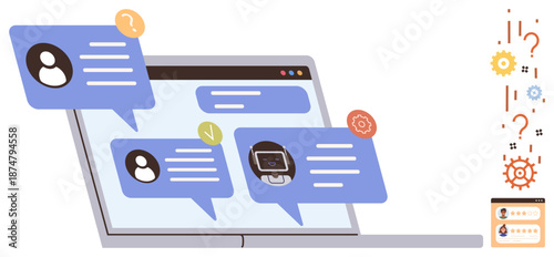 Digital communication, chatbot assistance, customer support, AI interaction, remote services, online help. Laptop screen with chat bubbles and technical icons. Chatbot assistance and customer support