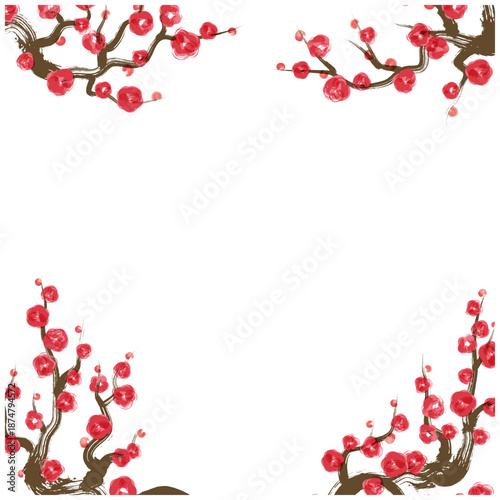 筆タッチ梅の枝花フレーム四隅装飾｜Japanese plum blossom frame, brush style