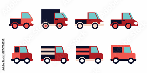 a set of eight different red trucks with various body styles