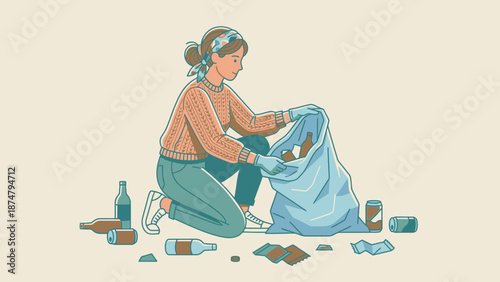 Woman collecting trash for recycling and environmental protection.