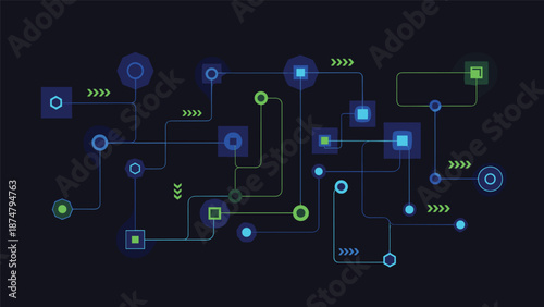 Abstract network diagram with interconnected nodes and lines, representing data flow, technology, or a complex system.