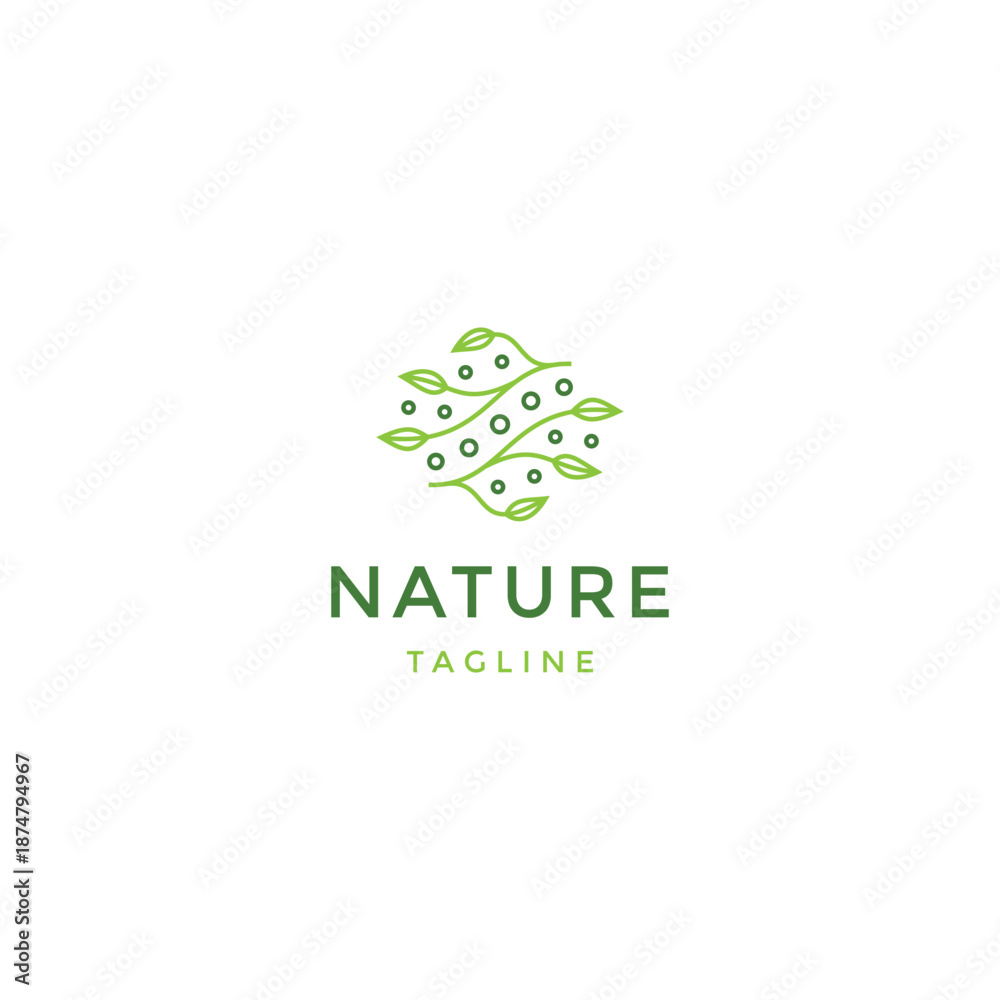 Fototapeta premium Green leaf logo design template with smooth line art style.