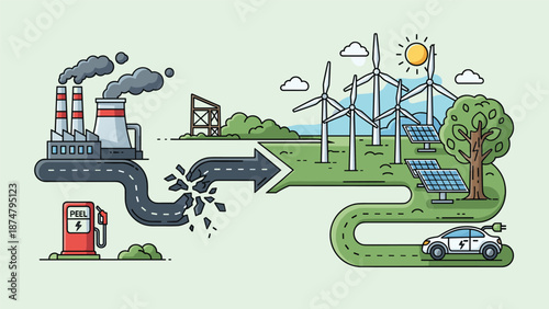 A transition from a polluting factory to a green landscape with wind turbines and solar panels, symbolizing the shift to renewable energy and sustainable practices.