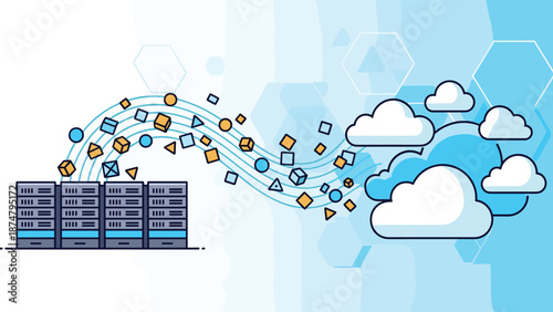 Servers connected to cloud icons with abstract shapes flowing between them, representing cloud computing, data migration, and server infrastructure.