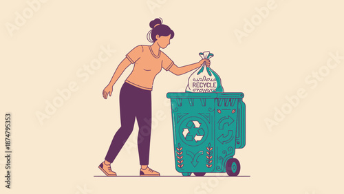 Woman throwing trash bag into green recycling bin.