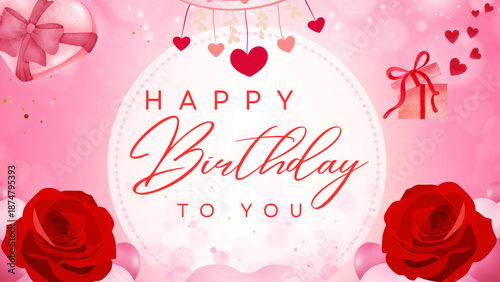 Happy Birthday wallpaper. The words "Happy Birthday" with colorful roses and gift boxes, birthday greeting card. Birthday design template.