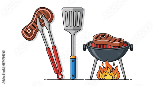 Barbecue grill and cooking utensils with grilled steak, perfect for summer outdoor cooking and events
