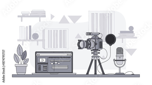 A grayscale illustration of a video production setup with a camera, laptop, and microphones, representing content creation and media production.